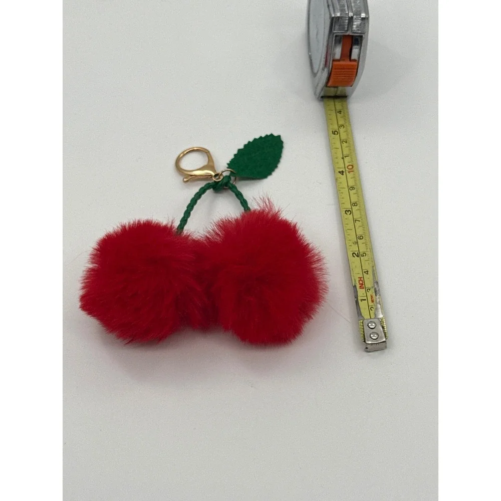 Red Faux Fur Cherry Pom Pom Keychain Bag Charm Gold Tone Clasp Accessory
